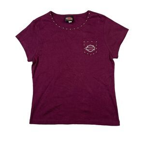 Harley Davidson Studded Biker Pocket Baby Tee T-Shirt Orlando FL Maroon Medium